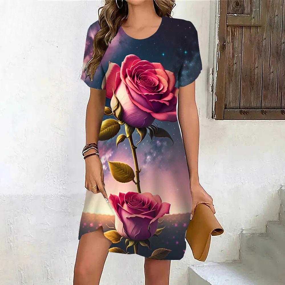 New Summer Beach Party Dresses For Women Vintage Tie Dye Red Rose Flower Print Dress Short Sleeve Pullover Loose Plus Size Dress