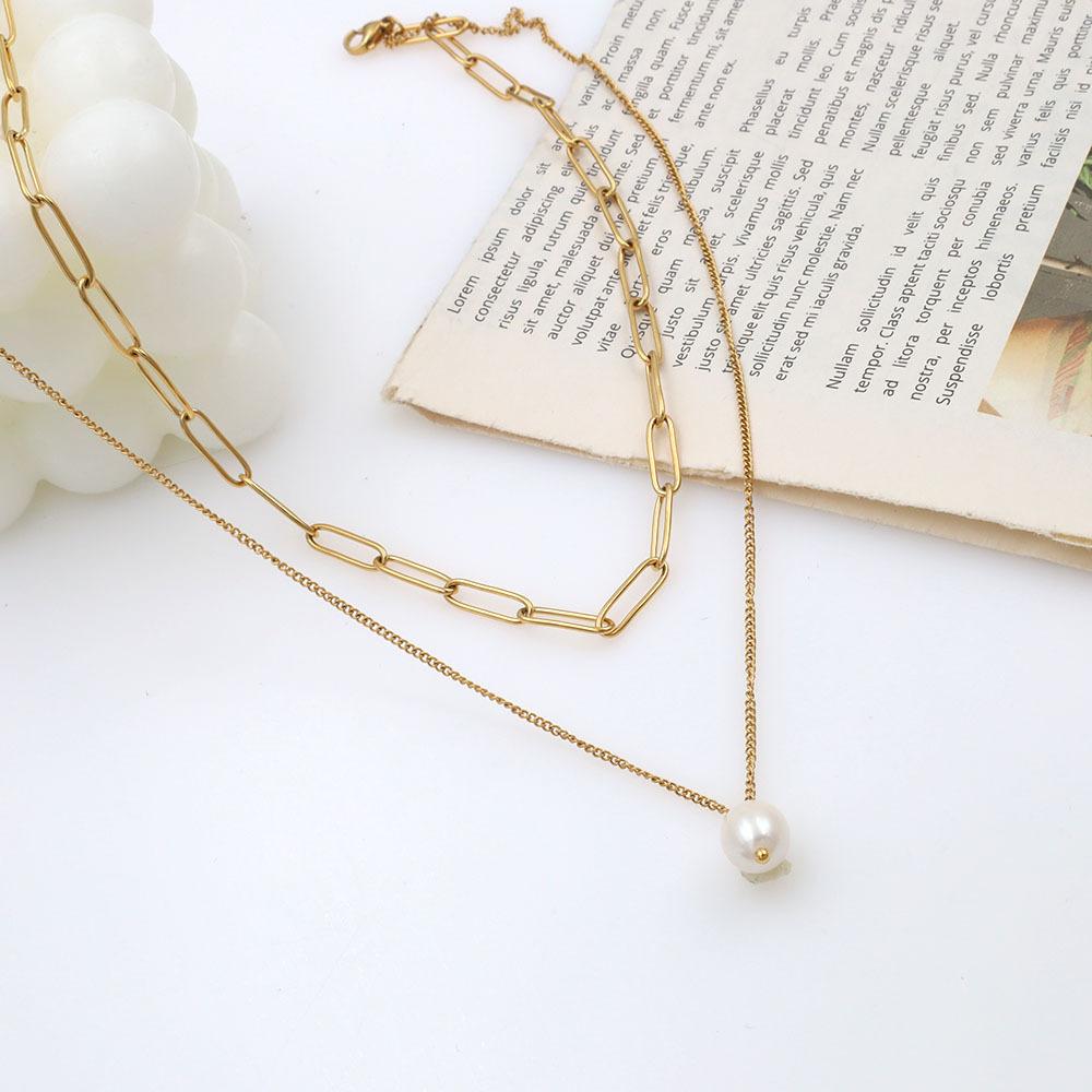 Fashion Titanium Steel Clavicle Neck Chain Trend Cold Wind Pearl Pendant Double Layer Stacked Necklace Women