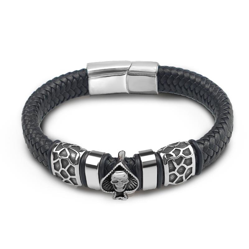 

MingAo 12*6mm Braided Leather 316l Stainless Steel Charm Male Bracelets Spades Skull Head Bangle Punk Wristband Men s Jewelry 20.5cm