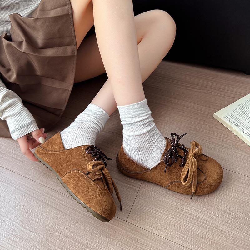 Frühling Herbst Neuer Stil Runde Zehen Damen Flache Schuhe 2025 Mode Wildleder Lässig Weiche Sohle Schnürschuhe Verschleißfest Damen Schuhe