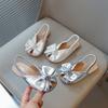 New Summer Girl’s Sandals Peep Toe Elastic Band Sliver Beige Kids Sliders Bowknot Graceful Flexiable Trendy Children Shoes Flat