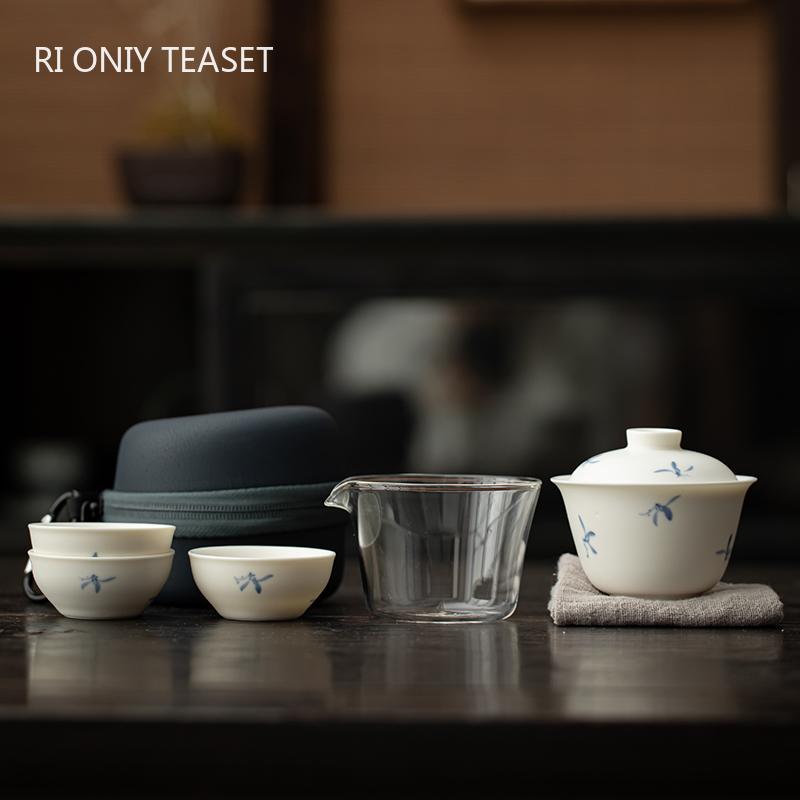 Chinese Portable Travel Ceramic Tea Set Glass Fair Cup Handmade Orchid Gaiwan Teacup Tradition Teaware with Storage Bag