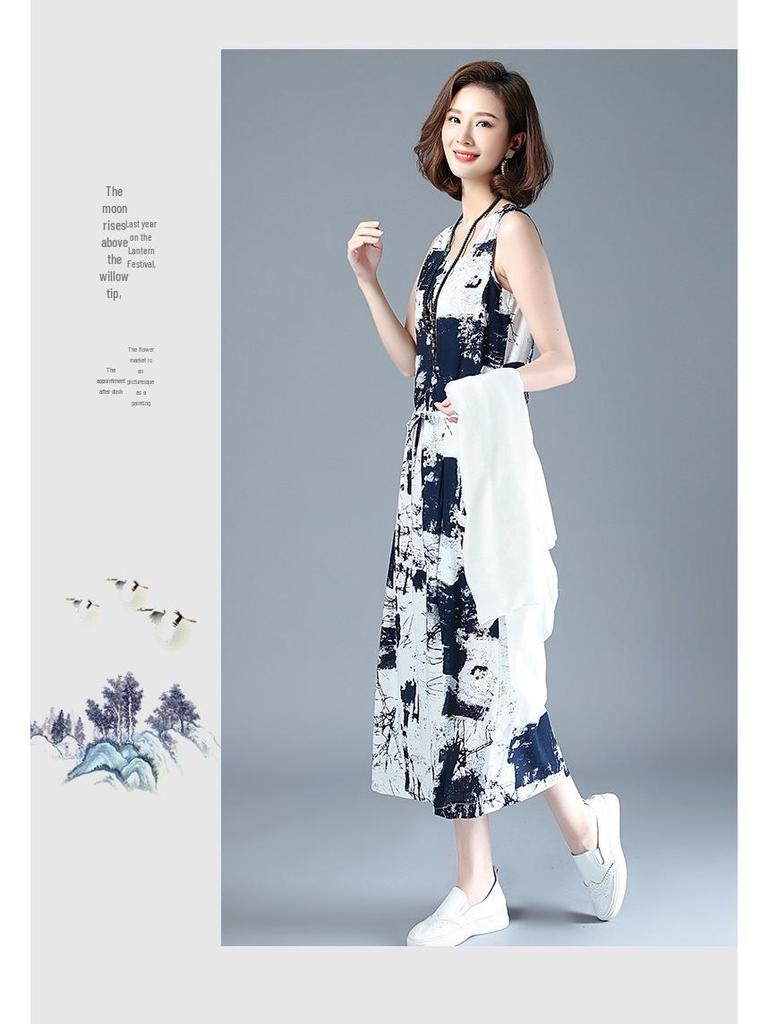 Damen 2025 Sommer Baumwoll-Leinen Tusche-Print Schal Zweiteiler Kleid-Set