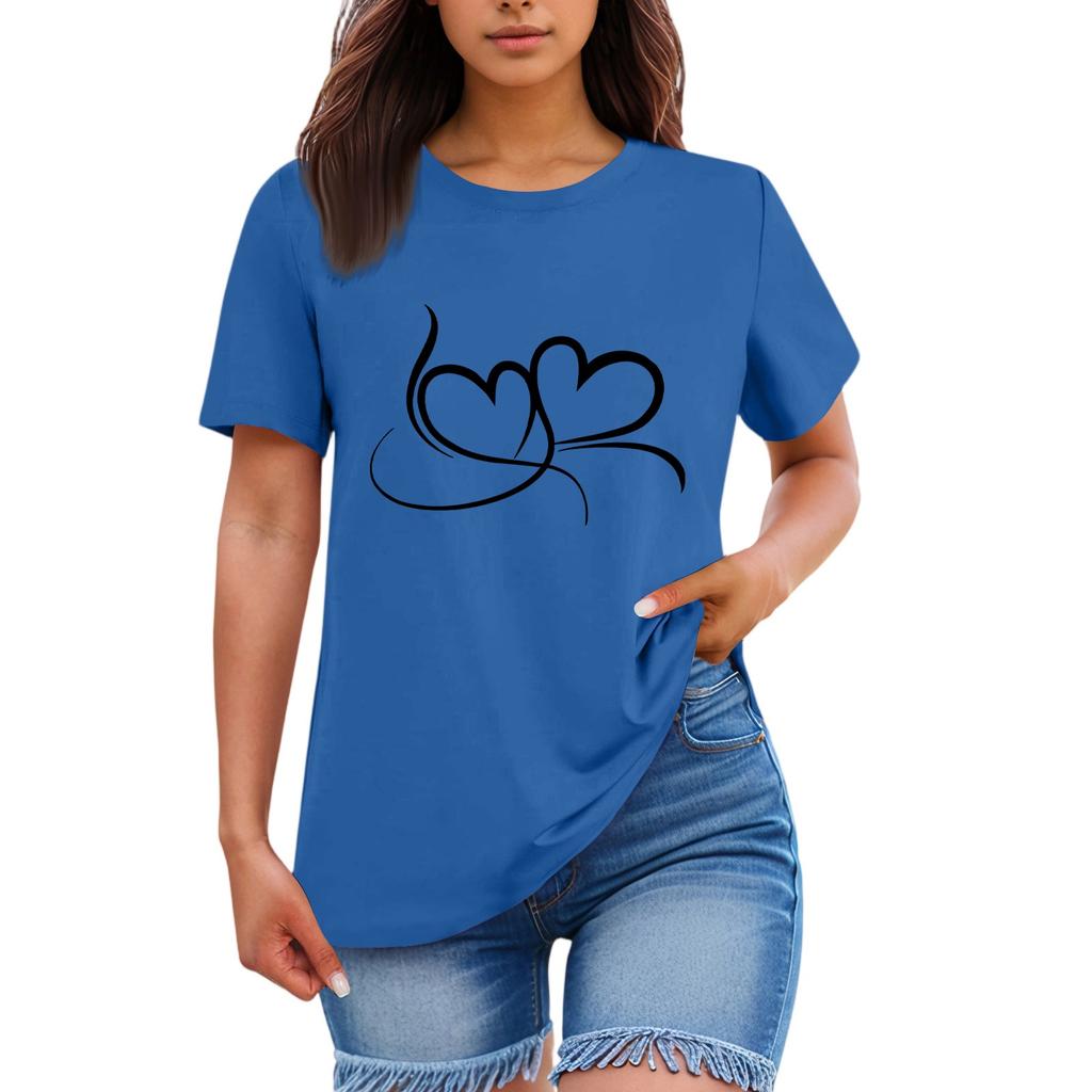 Ladies' Loose Comfortable Casual Fashionable  Heart Pattern Printed Round Neck Short Sleeved Shirt