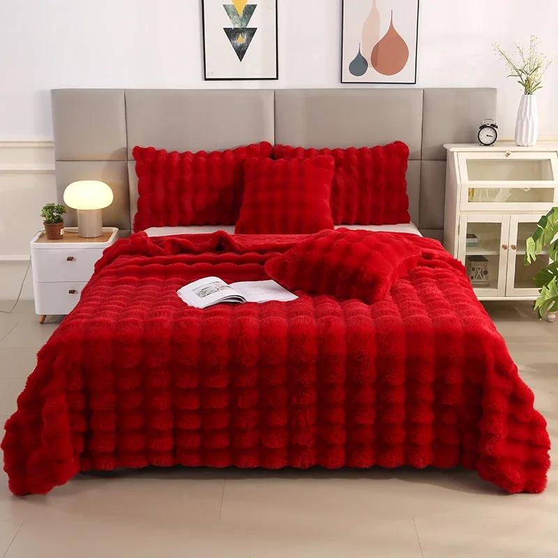 Luxury Soft Faux Fur Throw Blanket Fuzzy Plush Bedspread on the bed plaid sofa cover blankets and throws for living room bedroom