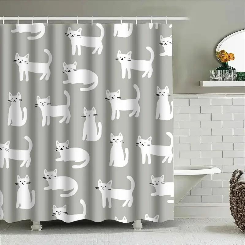 White Cat Shower Curtain Cute Bathroom Decor Set For Kids Bath Room Waterproof Fabric Home Decoration
