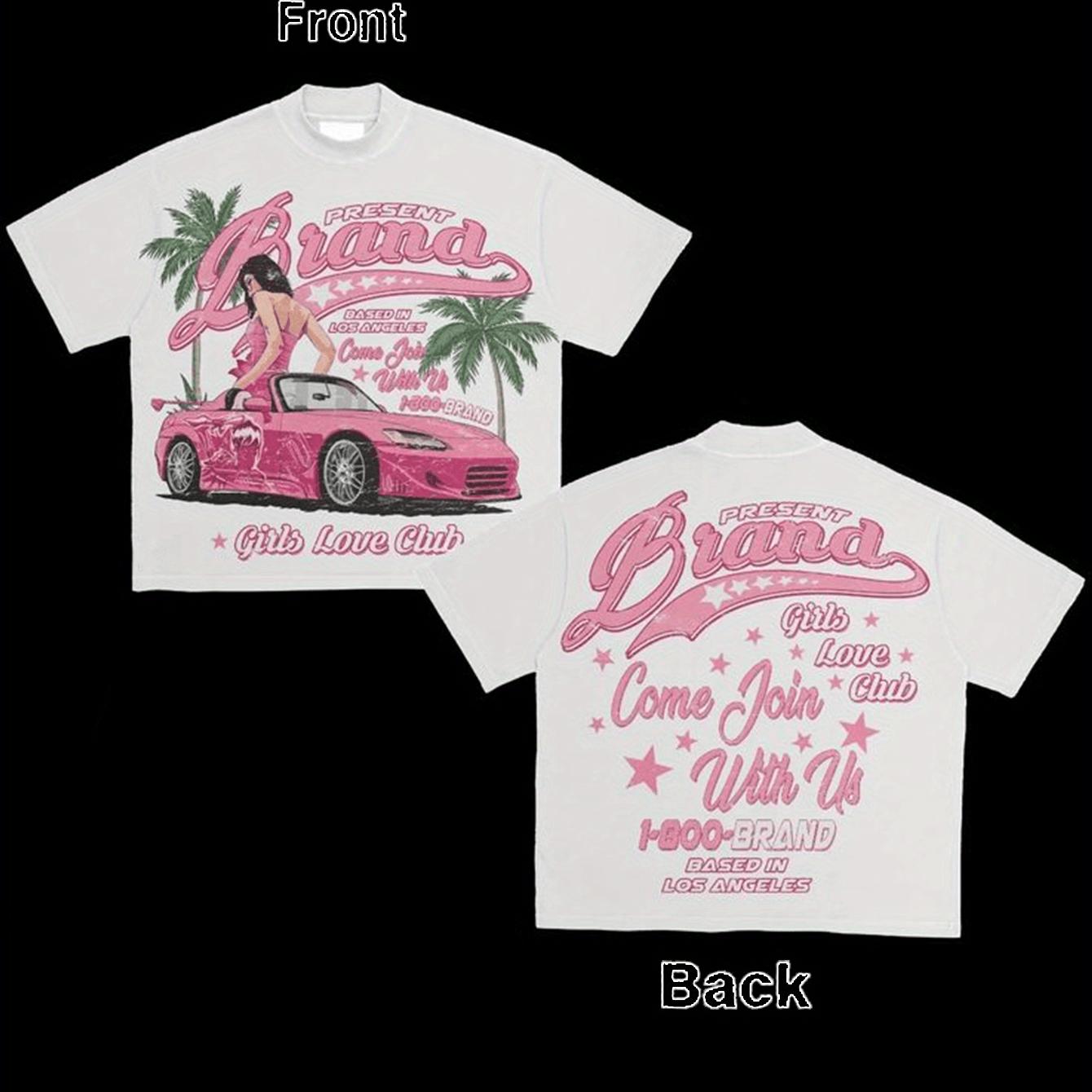 

Summer New Y2K Unisexs 100 Cotton Pattern TShirt Pink Car and Palm Tree Short Sleeve Retro Fashion Short Sleeve TShirt S