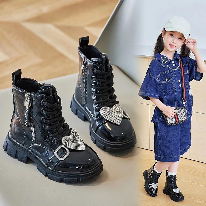 Children Ankle Boots Side Zipper Rhinestones Love 2024 Girls Boots Drop Shipping Simple Non-slip Princess Catwalk Kids Shoes PU