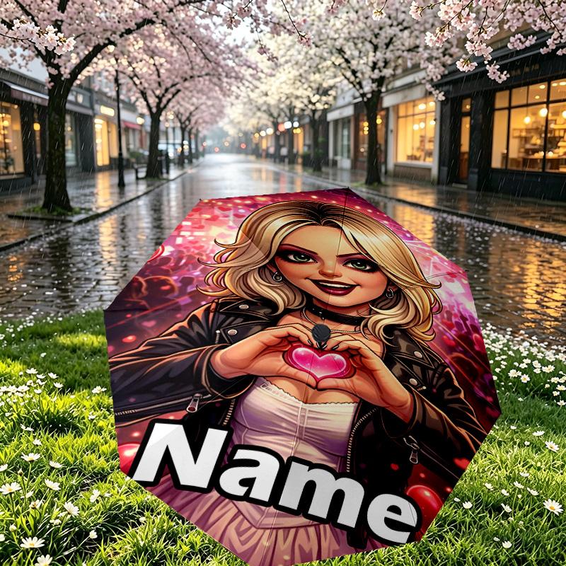 Custom Name Personalized Bride of Chucky Print Umbrella, Auto Open Close, 8‑Rib Sturdy Frame, Commute Camping Hiking Use, Birthday Gift