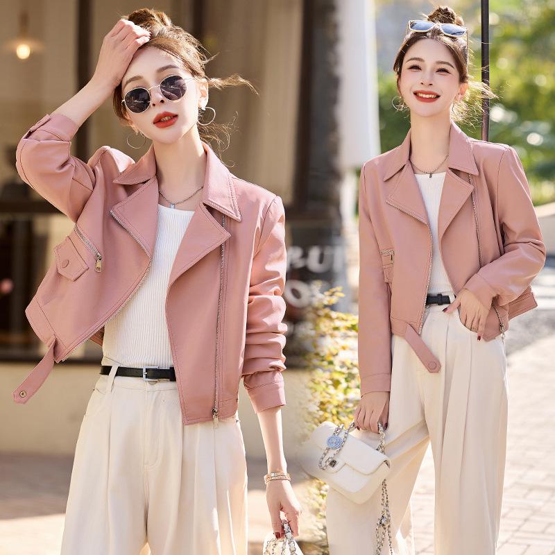 

Women s Short Motorcycle Style Leather Jacket - 2025 Spring/Autumn Casual PU Coat Design XL (Weight 125-140 Jin) рожевий