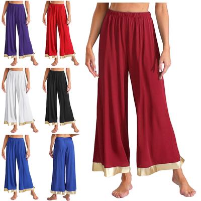 Womens Worship Praise Dance Pants Elastic Waist Metallic Shiny Trim Wide Leg Pants Loose Trousers