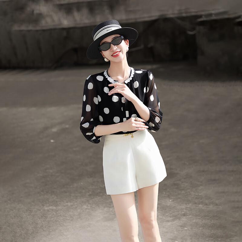 Elegant French Style Polka Dot Three-Quarter Sleeve Blouse