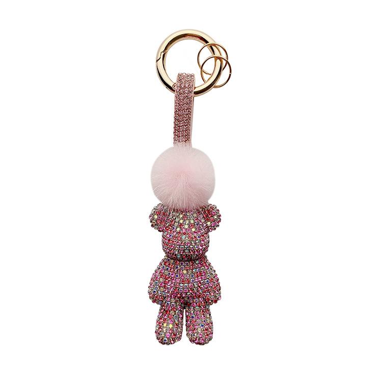 Autumn and Winter New Mink Hair Full of Diamonds Violent Bear Car Key Chain Drill Rope Key Ring Bag Pendant Online Celebrity