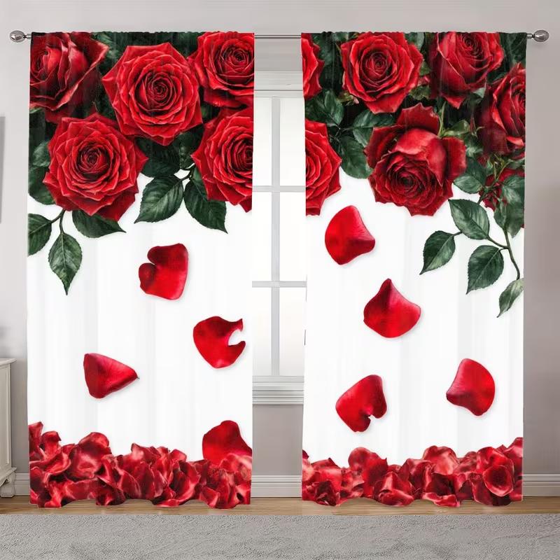 Red Rose Petal Curtains Floral Print Sheer Drapes Romantic Window Bedroom Living Room Made Of Polyester Area Treatment