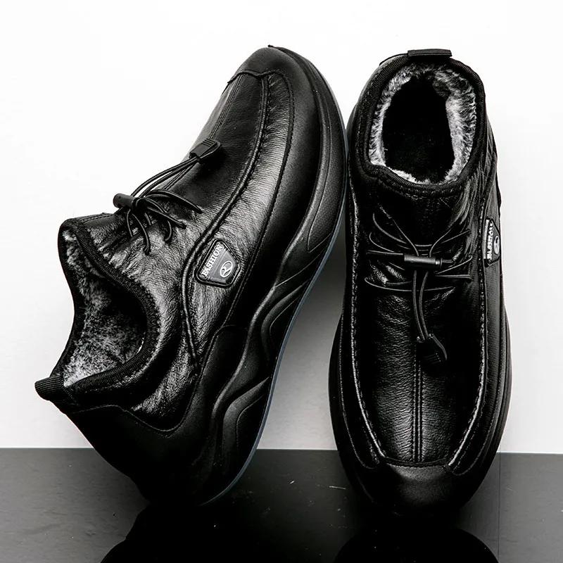 Autumn Winter MEN'S black PU leather plush warm outdoor waterproof cotton shoes chunky male walking hiking trekking sneaker