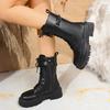 Fashion Women's Black PU Leather Mid Calf Boots Fashion Buckle Strap Platform Combat Boots Women Thick Sole Non Slip Motorcycle Shoes