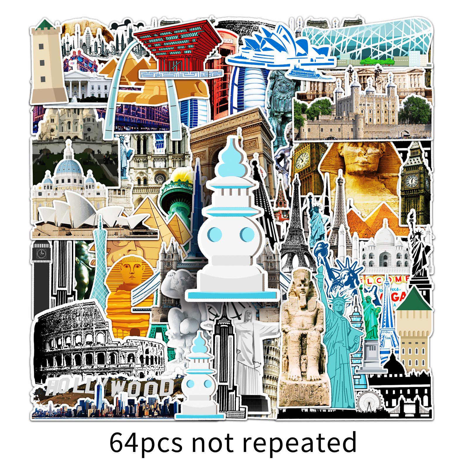 Landmark Building Stickers: Creative Logo & Colorful Painting for Journals and Cups