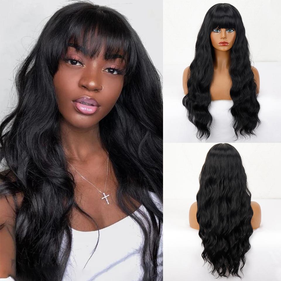XINRAN Women Long Wavy Wig with Bangs Synthetic Fiber Natural Water Wave Black Long Wig for Daily Wear Cosplay