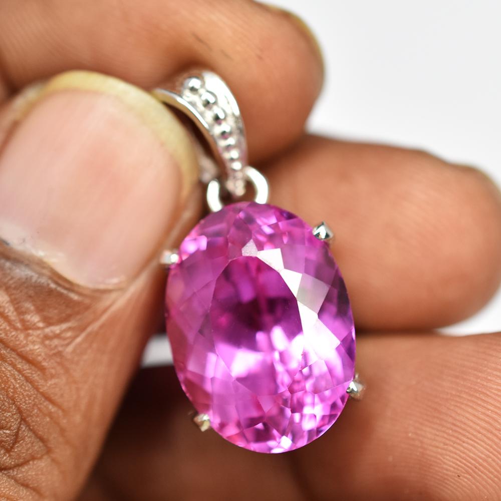 29.55 Ct NATURAL Pink Sapphire 925 CERTIFIED Sterling Silver Oval Shape Pendant MY.PDS-337-NS