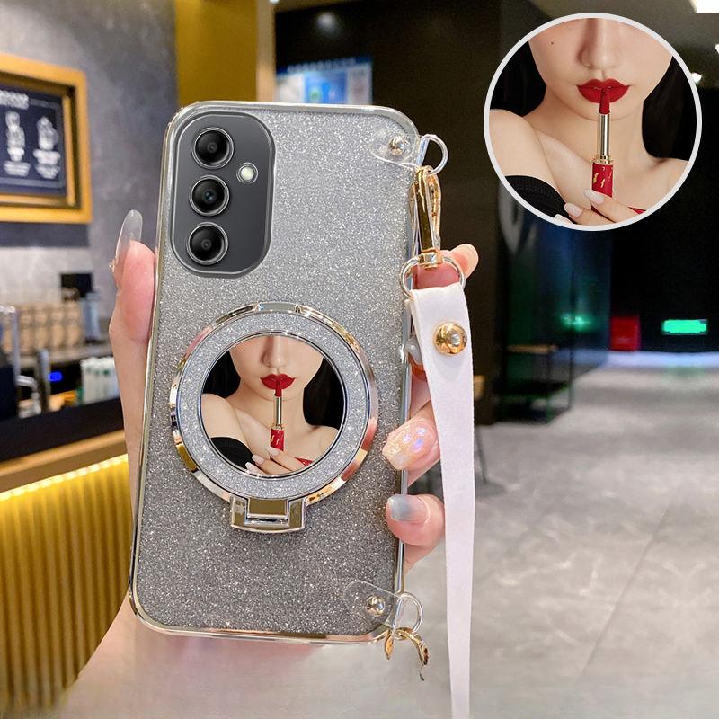 

Кейс с ремешком через плечо, зеркалом, магнитной подставкой, с гальваническим покрытием для Samsung Galaxy M55 M54 M53 M52 M33 M14 M34 M31 M23 M30S 5G M31 серебряный