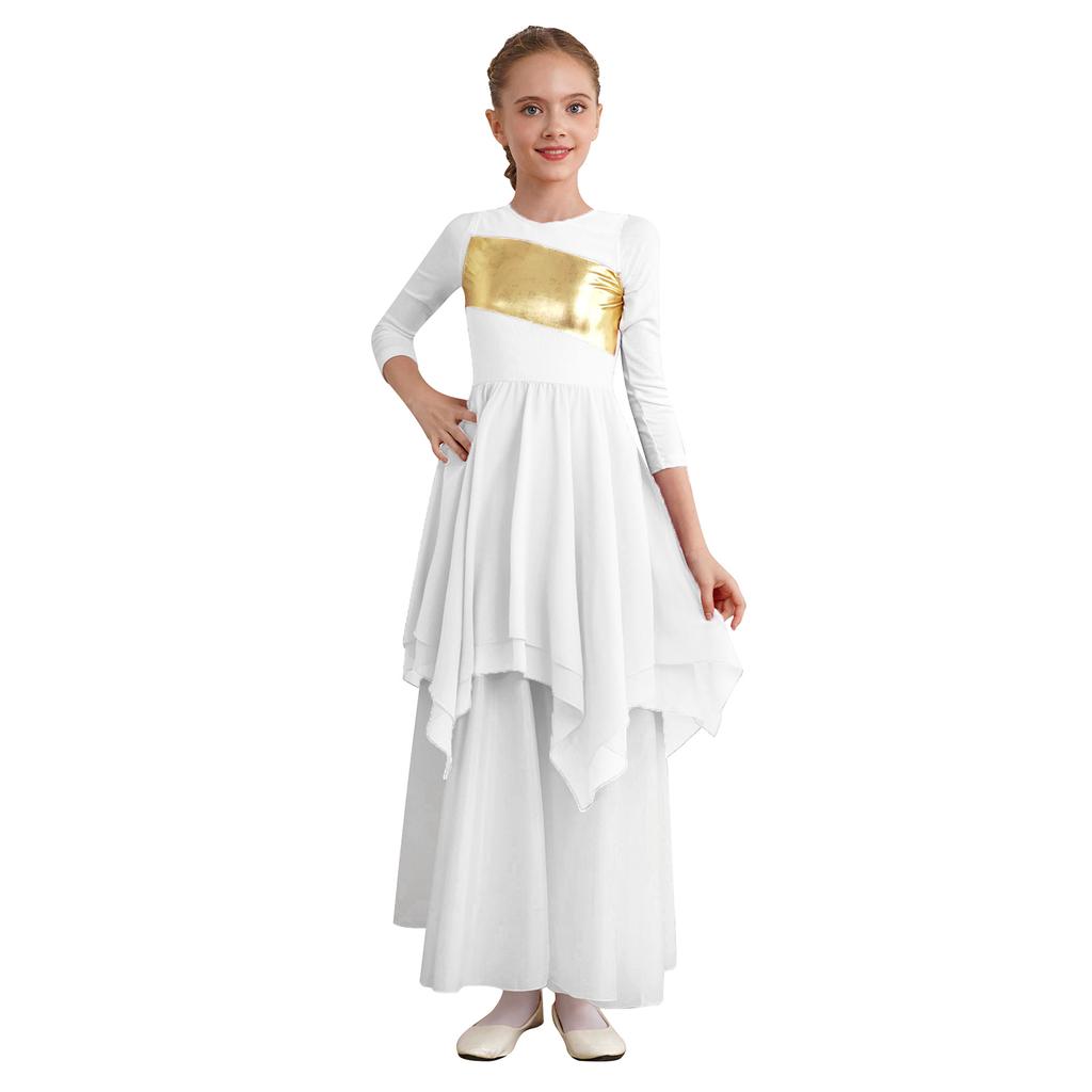 Girls Worship Liturgical Celebration Costume Color Block Sleeveless Asymmetric Hem Lyrical Dance Dress