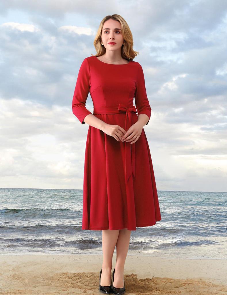 Garden Collar Seven-Sleeve Women's Evening Gown with Wide Hem Skirt - Solid Color Vacation Dress