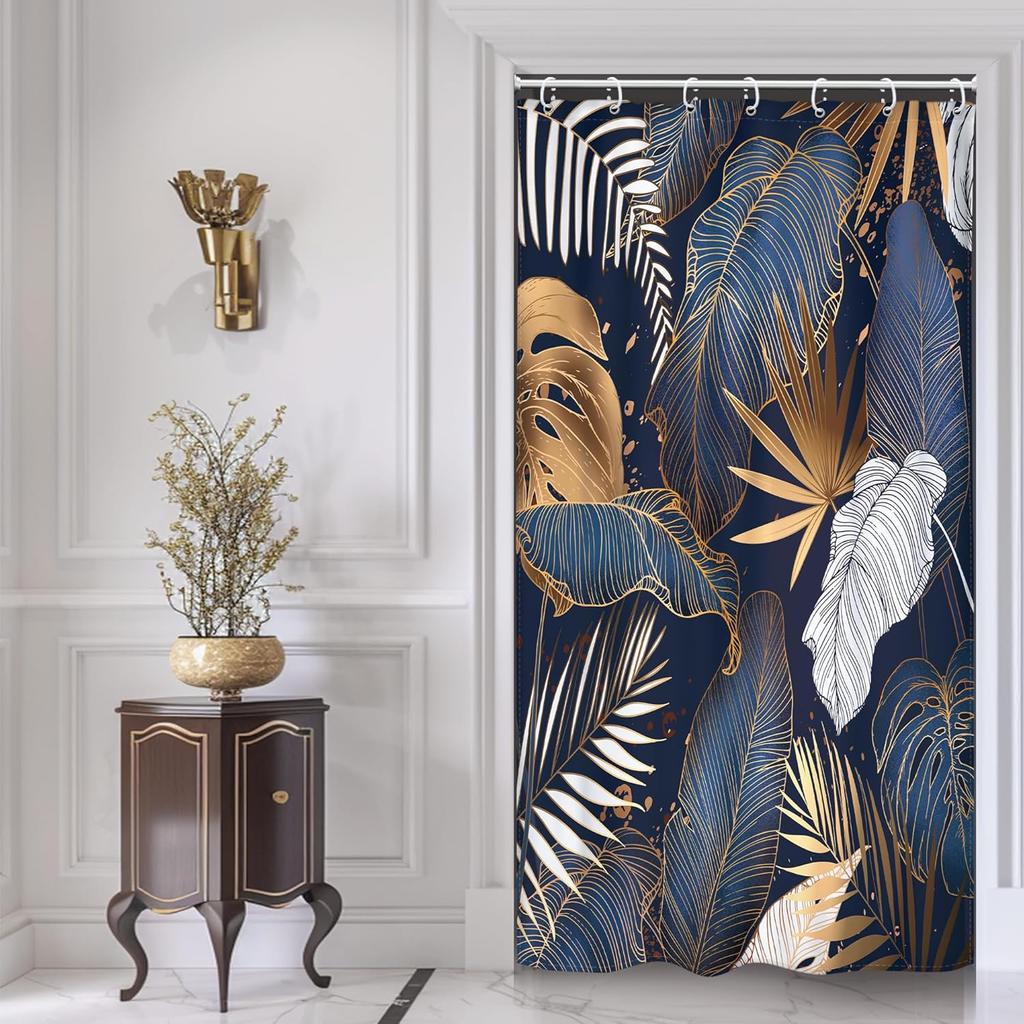 Emerald Green Boho Shower Curtain Black Gold Modern Abstract Palm Leaves Tropical Monstera Bathroom Curtain Set Brown Botanical