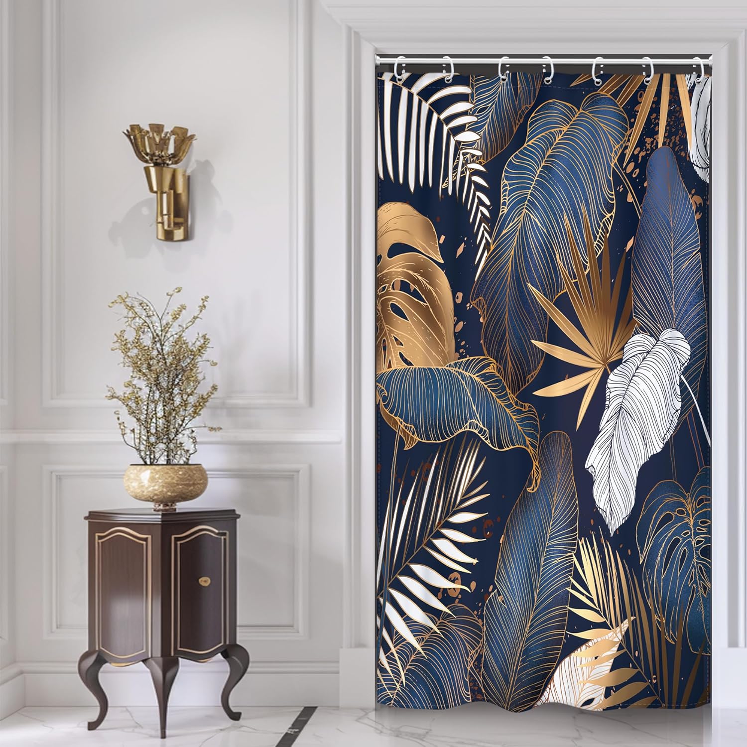 

Emerald Green Boho Shower Curtain Black Gold Modern Abstract Palm Leaves Tropical Monstera Bathroom Curtain Set Brown Botanical W60H190(CM)-1 Pcs