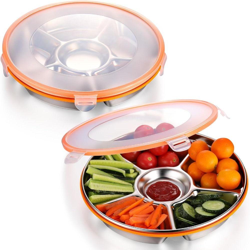 

Круглая коробка для ланча, многоразовое раздельное сервировочное блюдо, поднос из нержавеющей стали, фруктовые лотки