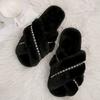 Fashion Women's Warm Plush Cross Strap House Slippers Fashion Chain Decor Fluffy Fur Slides Woman Autumn Winter Open Toe Furry Slippers