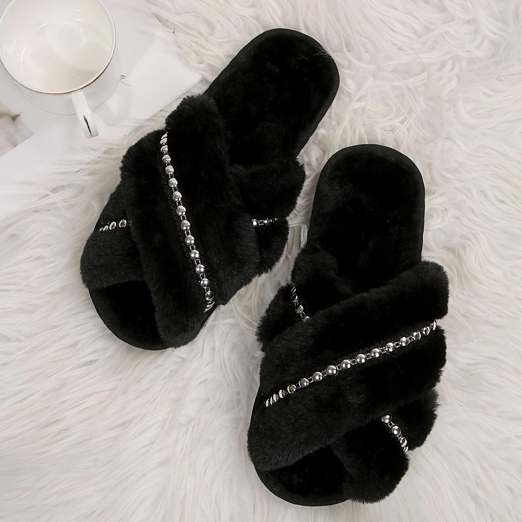 Fashion Women's Warm Plush Cross Strap House Slippers Fashion Chain Decor Fluffy Fur Slides Woman Autumn Winter Open Toe Furry Slippers