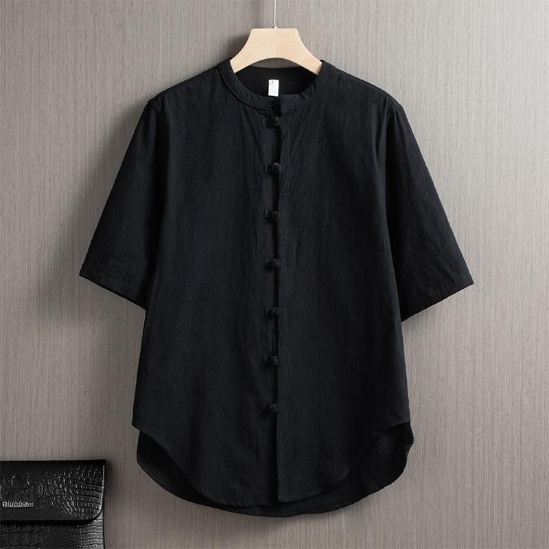 Chinese Style Cotton and Linen Short-sleeved Shirt Men's Summer Retro Stand-up Collar Buckle Half-sleeved Shirt Loose Casual Shirt