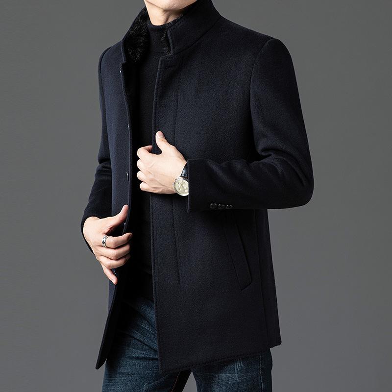 Middle-aged and Elderly Men's Woolen Coats Mid-length Stand-up Collar Down Lining Autumn and Winter Double-sided Woolen Coats Men's Two-piece Set