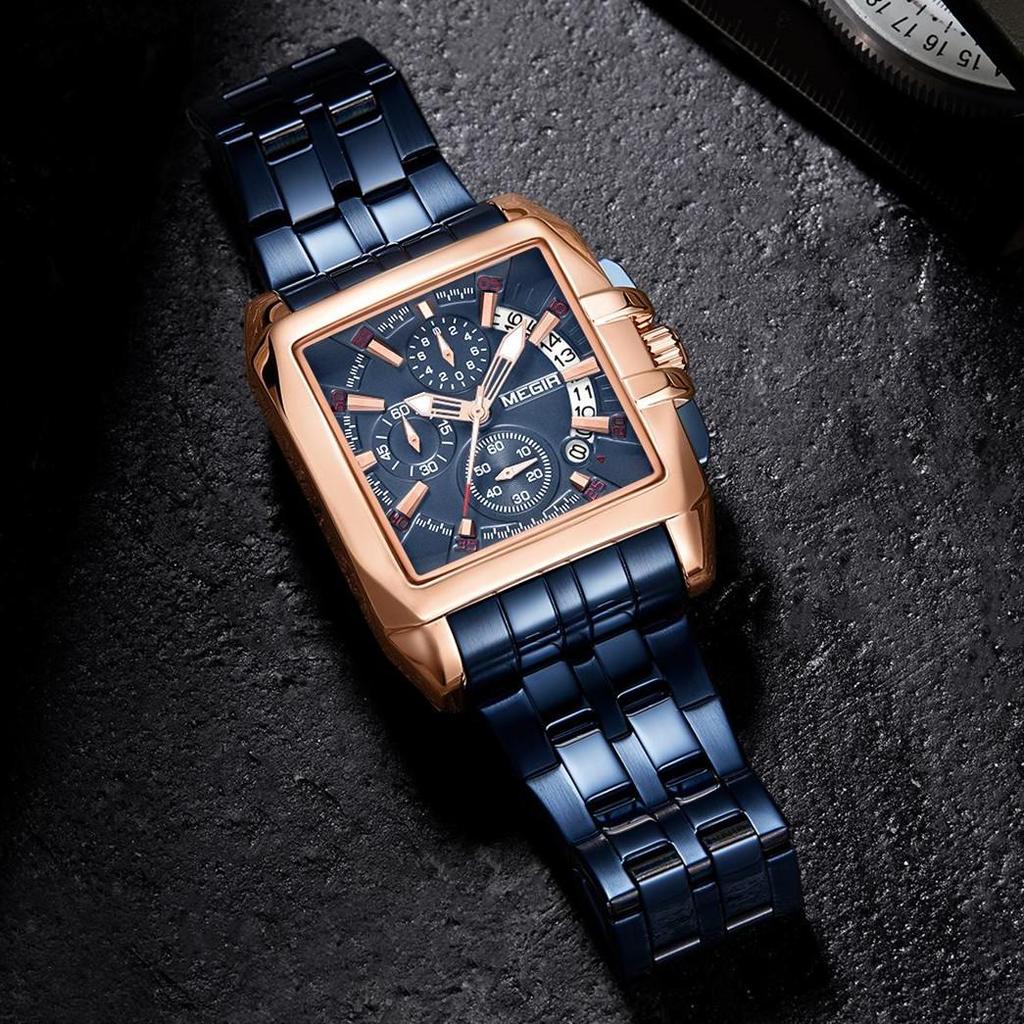 Megir Blau Edelstahl Männer Uhr Rechteck Große Zifferblatt Business Quarz männer Armbanduhren Relogio Masculino Militär Uhr Mann