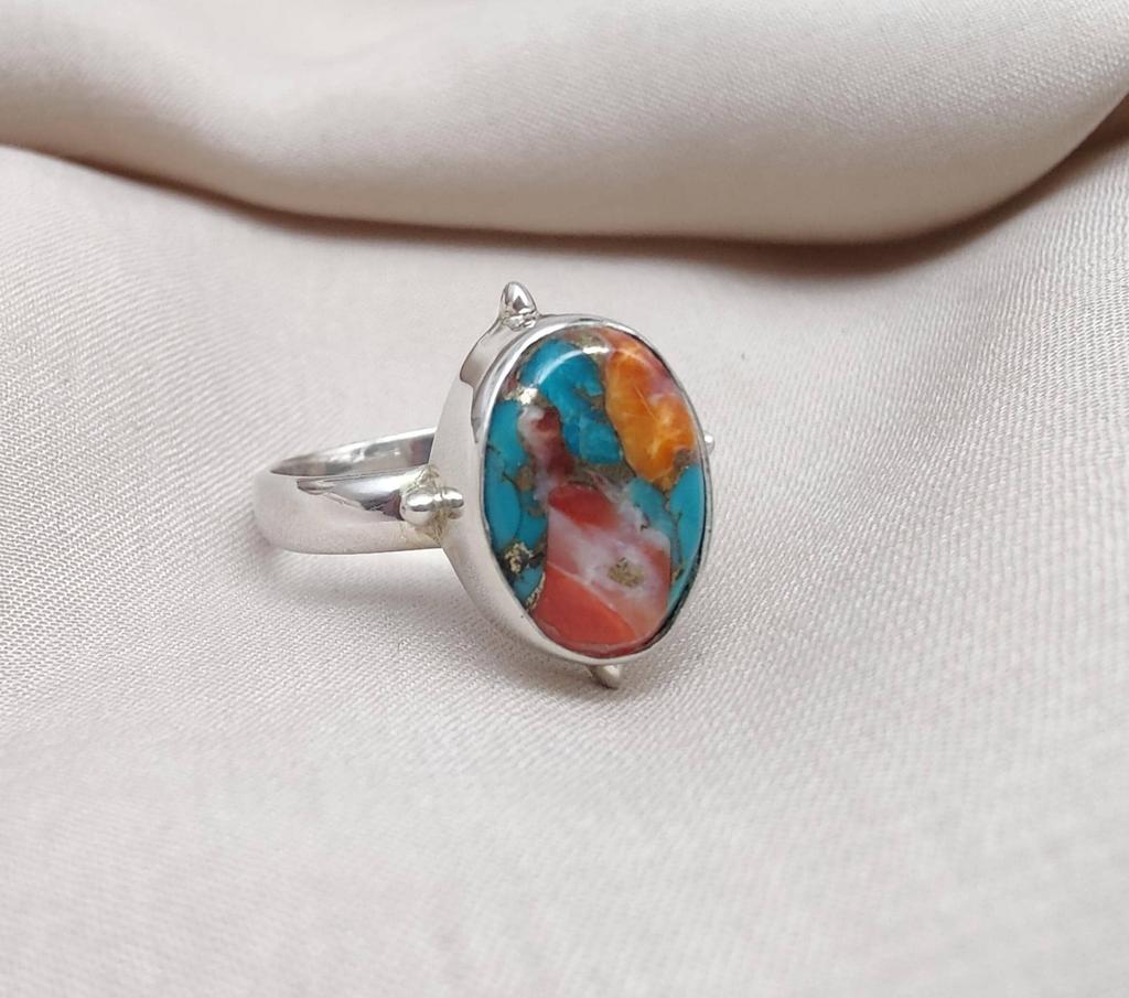 925 Sterling Silver Spiny Oyster Turquoise Ring: Handmade Boho Jewelry
