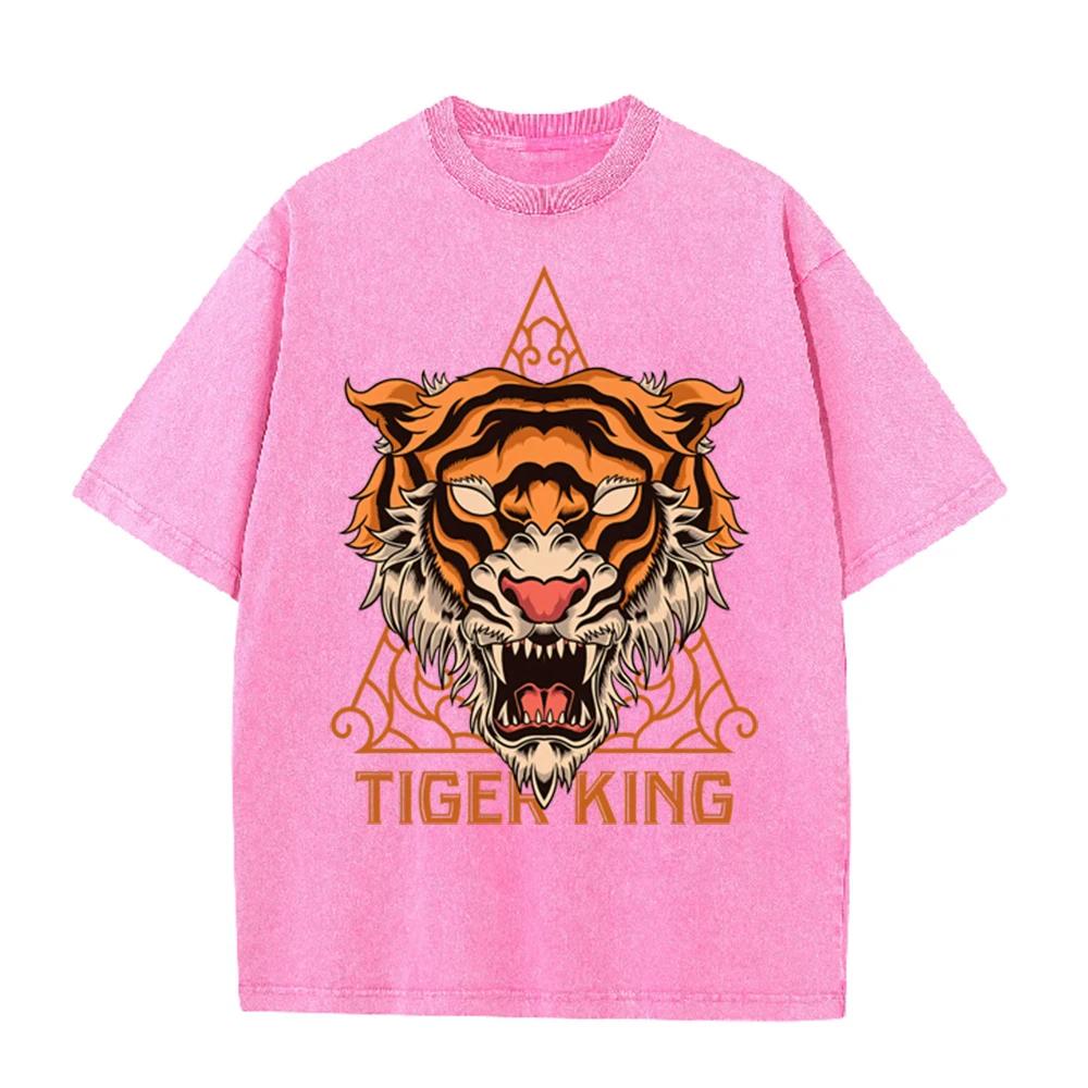 2026 Vintage Washed Black Tiger Head Graphic T Shirt Triangle Ornament Tiger King Retro Print Oversized Men Streetwear Casual Sh