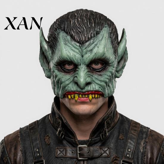 Gruseliges Halloween-Kostümzubehör Grüne Vampirmaske, Halbgesichtsmaske mit spitzen Ohren & scharfen Zähnen, Retro verwittert Party Leichtgewicht PU
