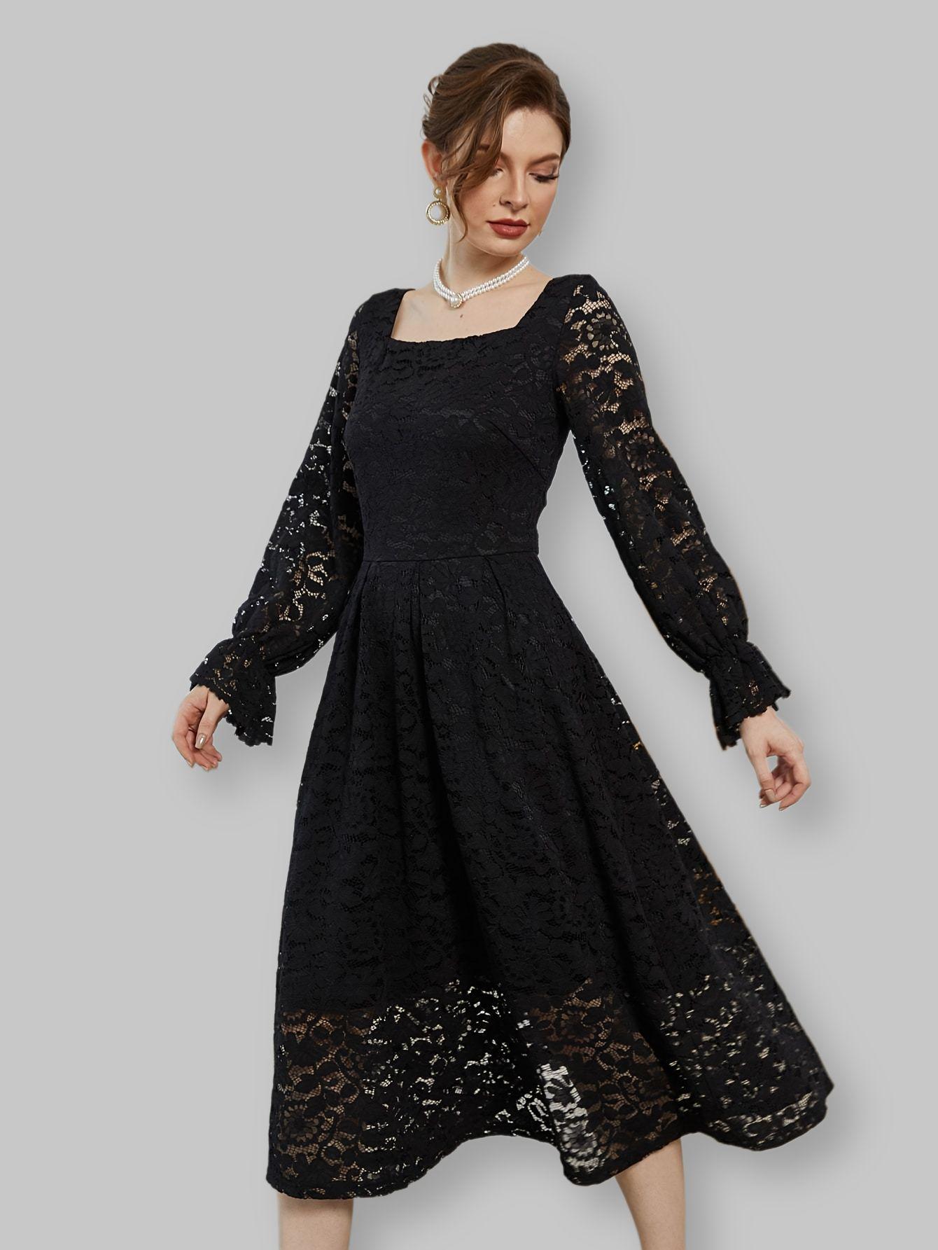 

Женское черное платье с кружевной отделкой - Европейский и американский стиль, Приталенное, С длинным рукавом, Миди L чёрный