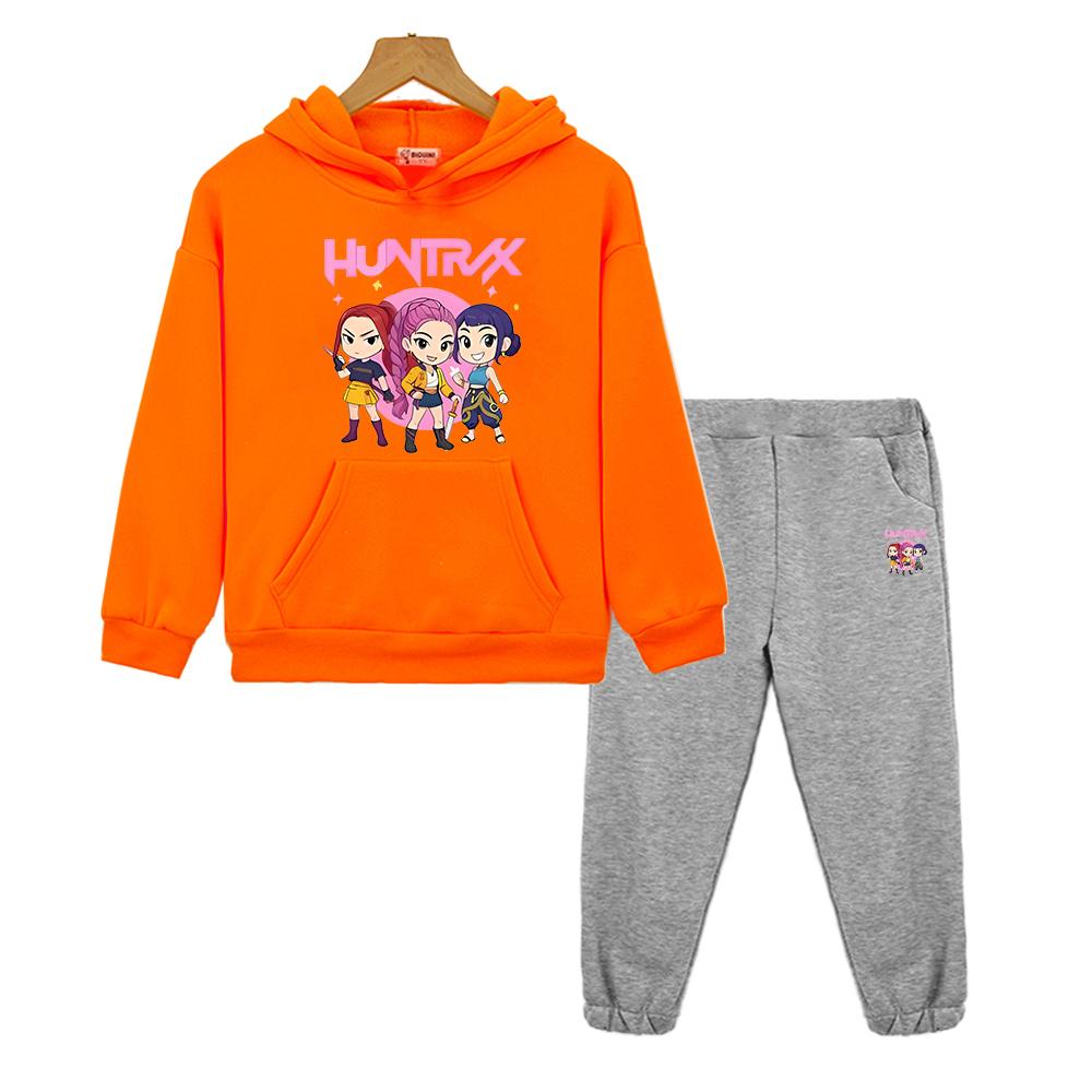 Kpop Demon Hunters Autumn Boy Girl Hooded Sets 2pcs Pullover+pant Anime Hoodie Fleece Sweatshirt Jacket Kids Boutique Clothes