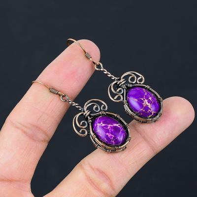 Purple Sea Sediment Gemstone Pure Copper Wire Wrapped Handmade Jewelry Earrings