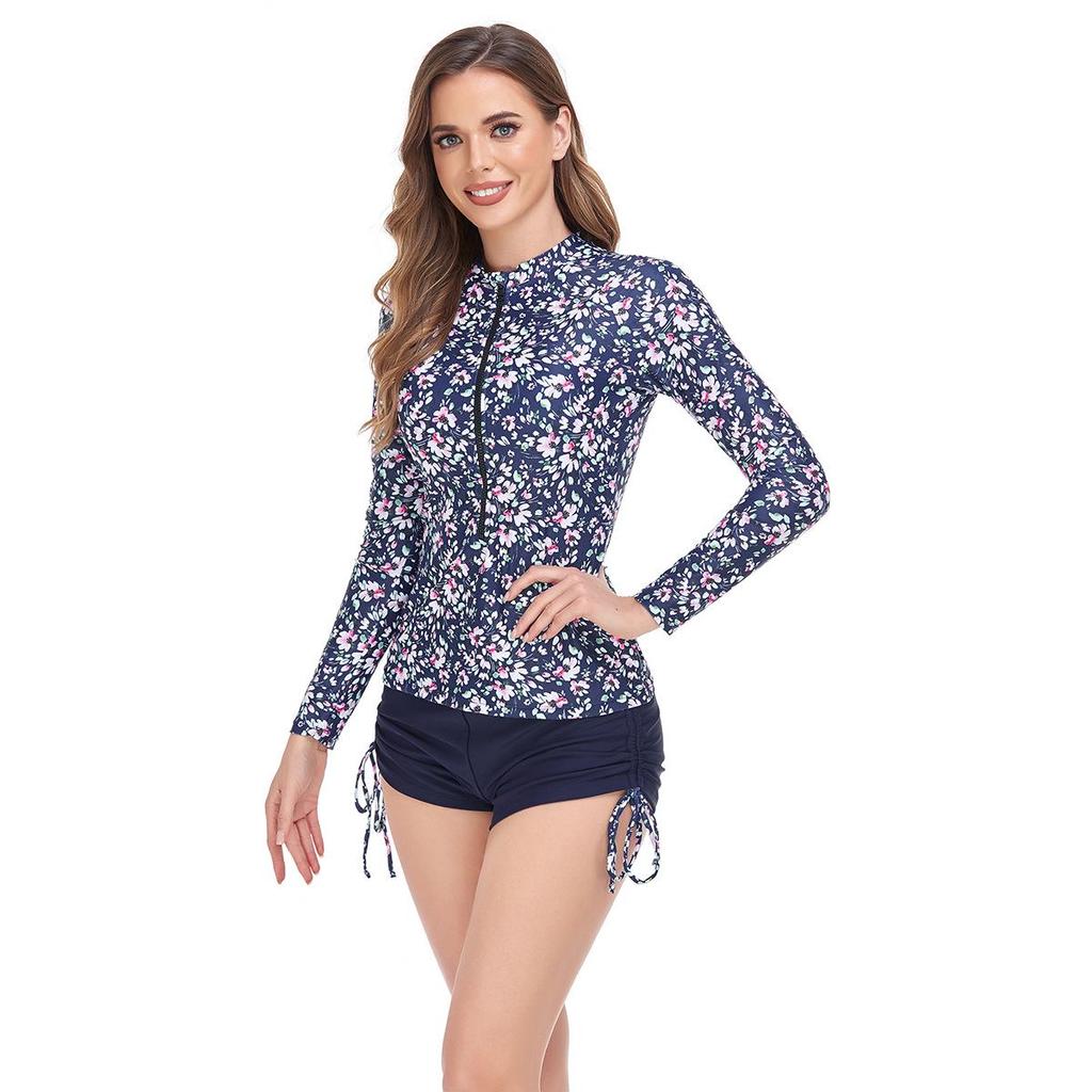 Printed Long Sleeve Zipper Swimsuit with Drawstring Flat Leg Shorts