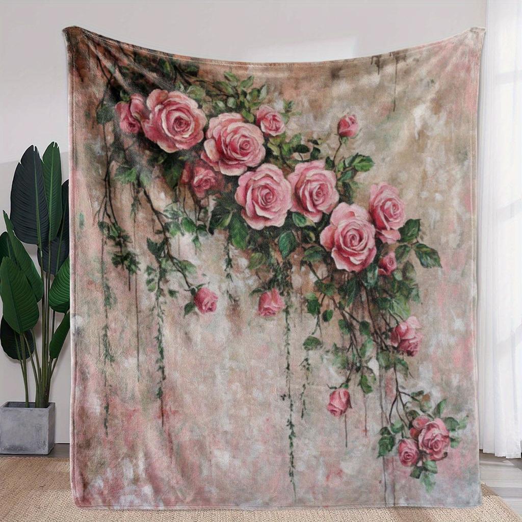Manta de sofá floral rosa vintage con rosas, manta suave y acogedora de franela, elegante decoración del hogar, regalo para sofá, cama