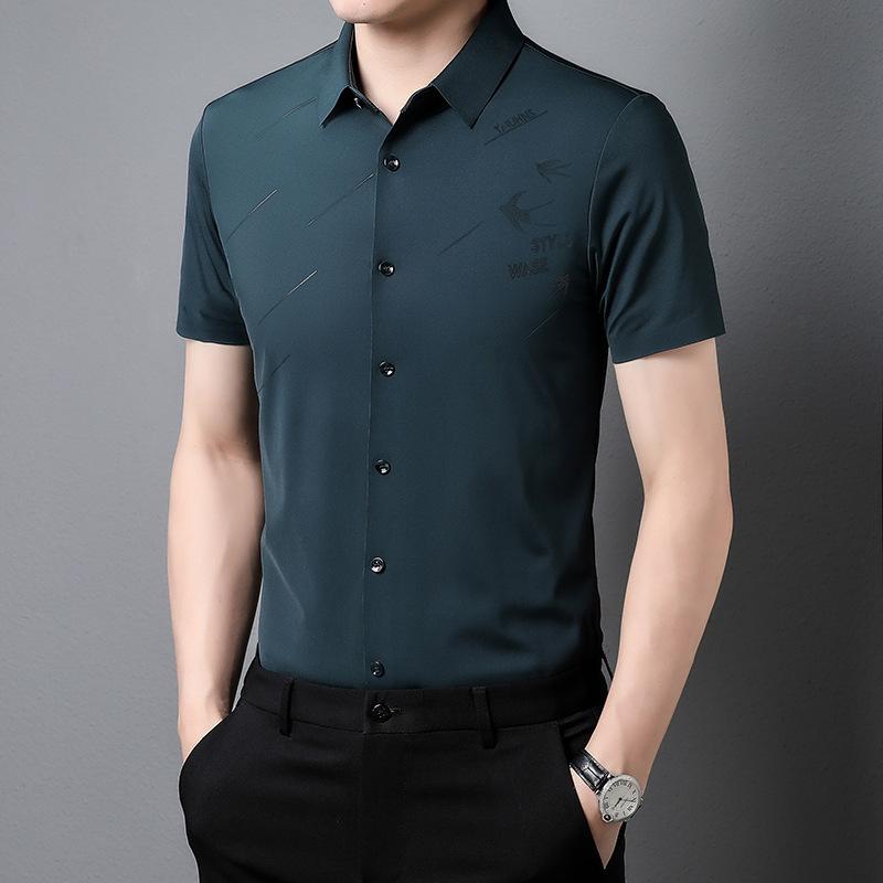 Cămașă bărbătească fără sudură cu mânecă scurtă, cămașă subțire de vară, pentru bărbați tineri și de vârstă mijlocie, din nailon elastic, fără călcare, de afaceri, casual