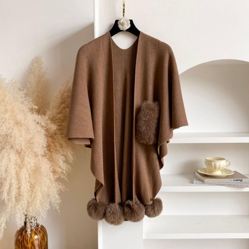 2026 Knit Cape Shawl With Pom Poms Long Cardigan Wrap Coat Women