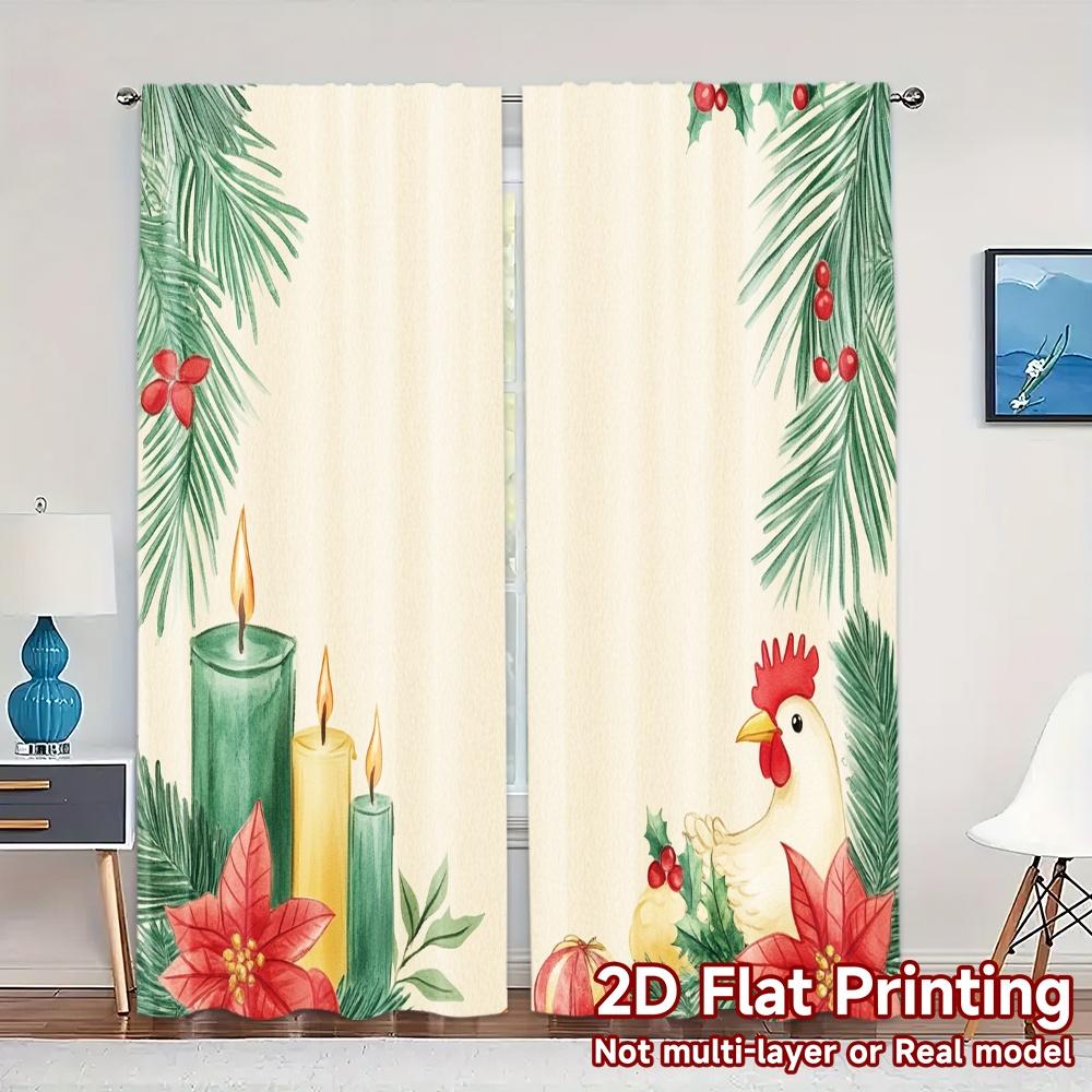 

2pcs Curtains Christmas Candle Poinsettia Penguin Pine (3) Creative Chic Curtains Polyester Curtains Versatile All for Bedroom 100*130 Grommet Top 1pcs