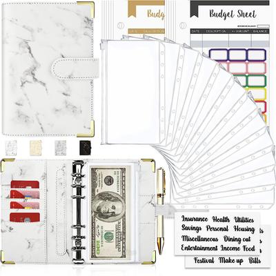 A6 Money Saving Organizer White PU Leather Budget Binder Marble Notebook Budgets Planner 2023 Envelope Office School Supplies