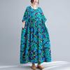 Summer New Literary Large Size Loose and Large Printed Round Neck Short Sleeve Dresses