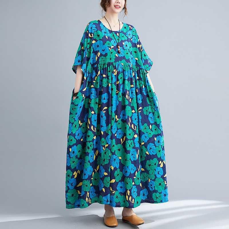 Summer New Literary Large Size Loose and Large Printed Round Neck Short Sleeve Dresses