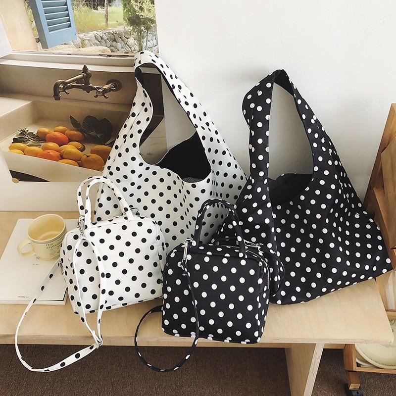 Korean Polka Dot Canvas Tote Bag Women Stylish Large Capacity Shoulder Bag Square Crossbody Bag Casual Commuter Handbag