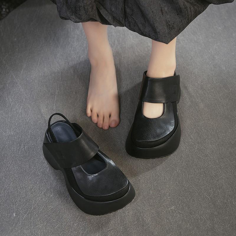 Johnature Sandale Retro cu Vârf Rotund și Talpă Groasă Versatile din Piele Naturală cu Toc Gros Pantofi cu Platformă pentru Femei